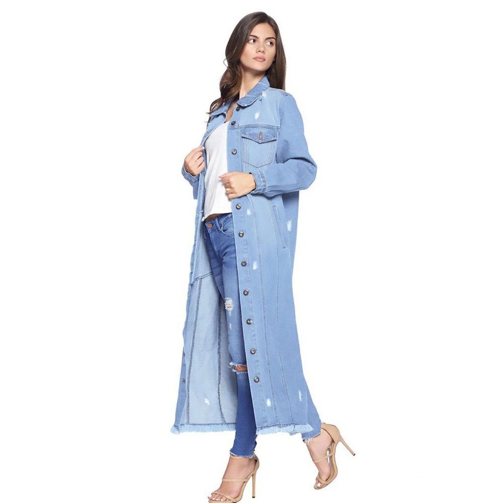 NWT Long Line Distressed Denim Coat, Button Down Duster, Pockets, Faded Blue - Picture 2 of 6